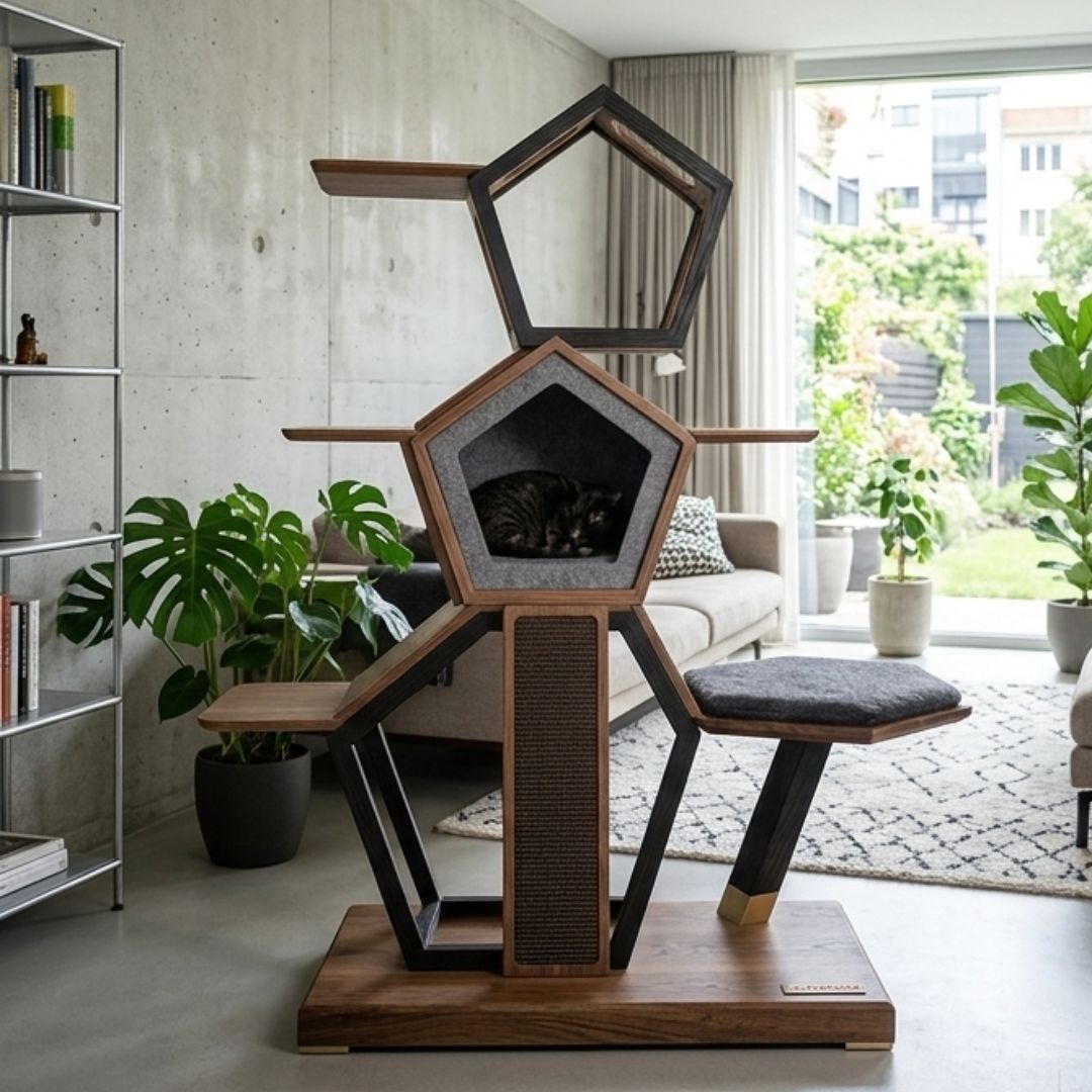 Arbre à chat en bois naturel – Modèle Pentacle