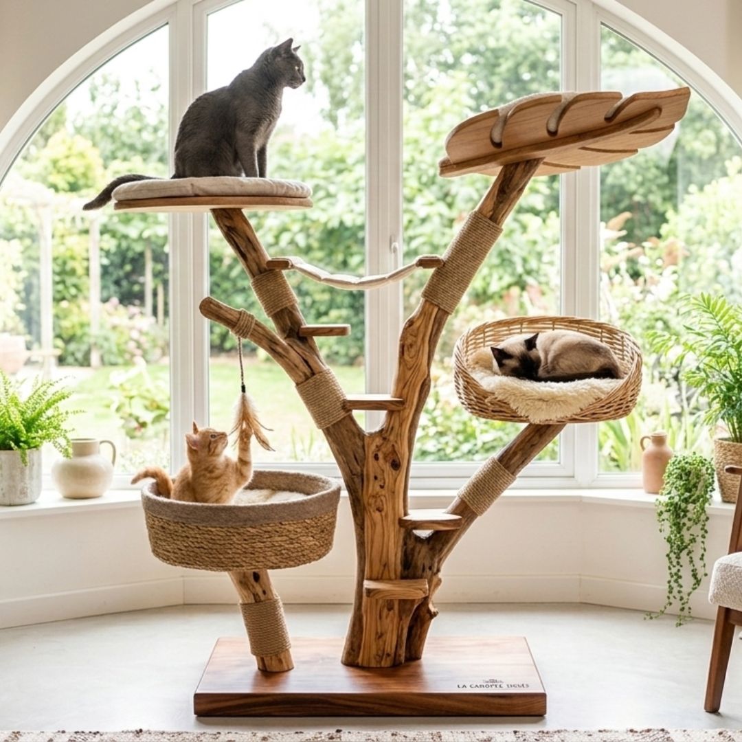 Arbre à chat en bois naturel – Modèle Canopée tissée