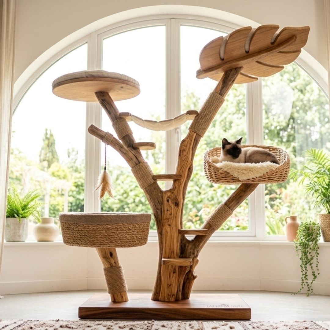 Arbre à chat en bois naturel – Modèle Canopée tissée