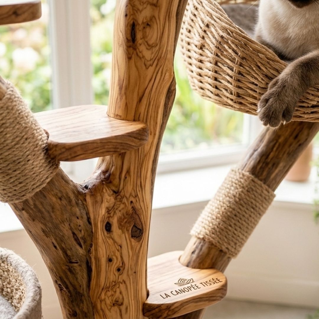 Arbre à chat en bois naturel – Modèle Canopée tissée